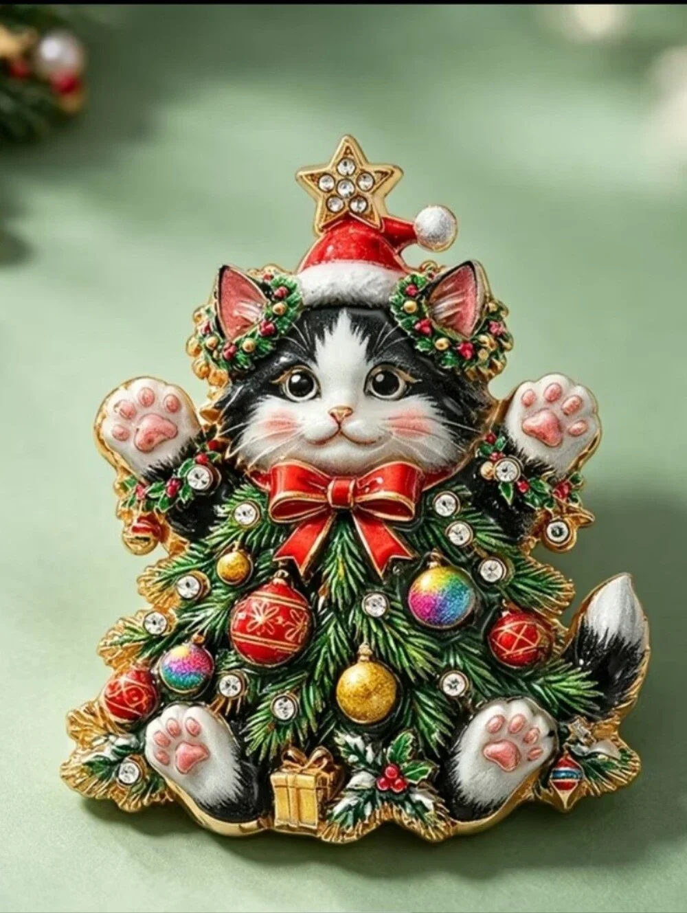 Christmas Pin Cat lover Hanging Ornament Santa Brooch Hat jewelry